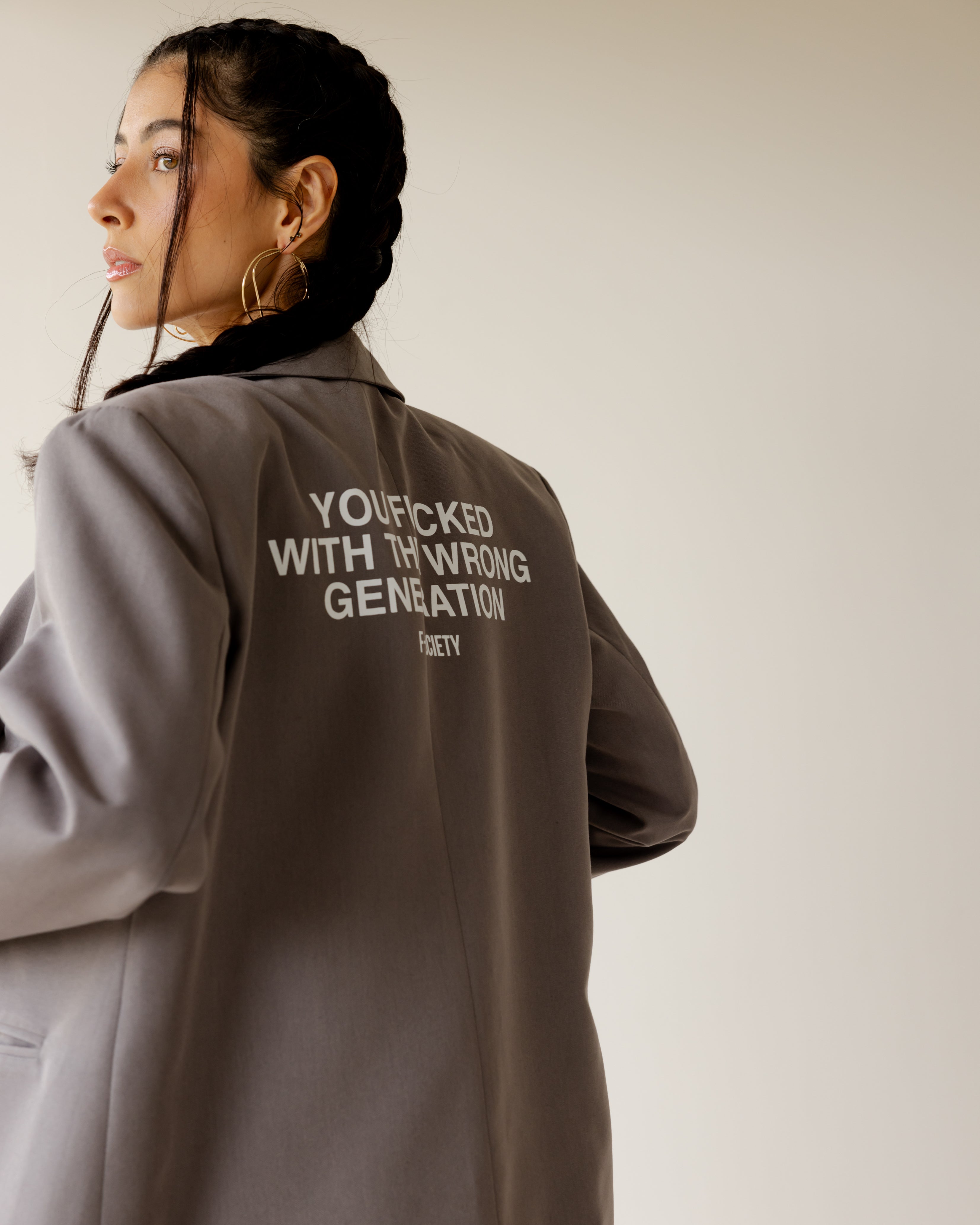 Grey Blazer with Bold Back print