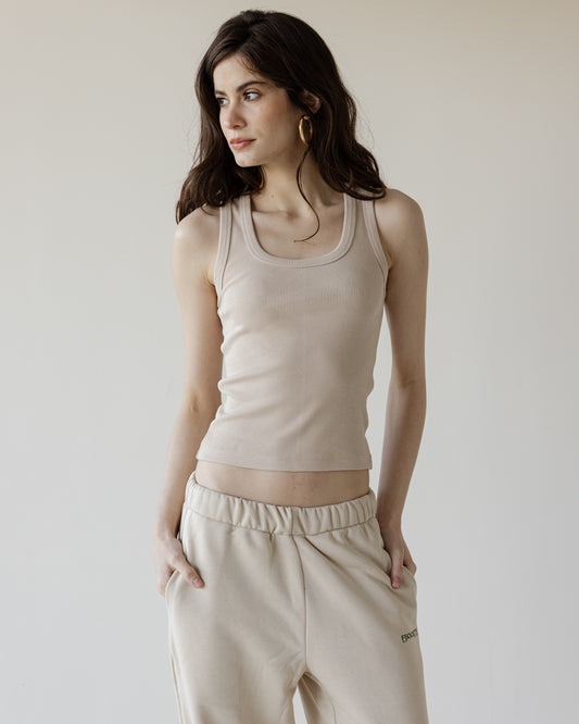 Beige Sleveless Round Tank