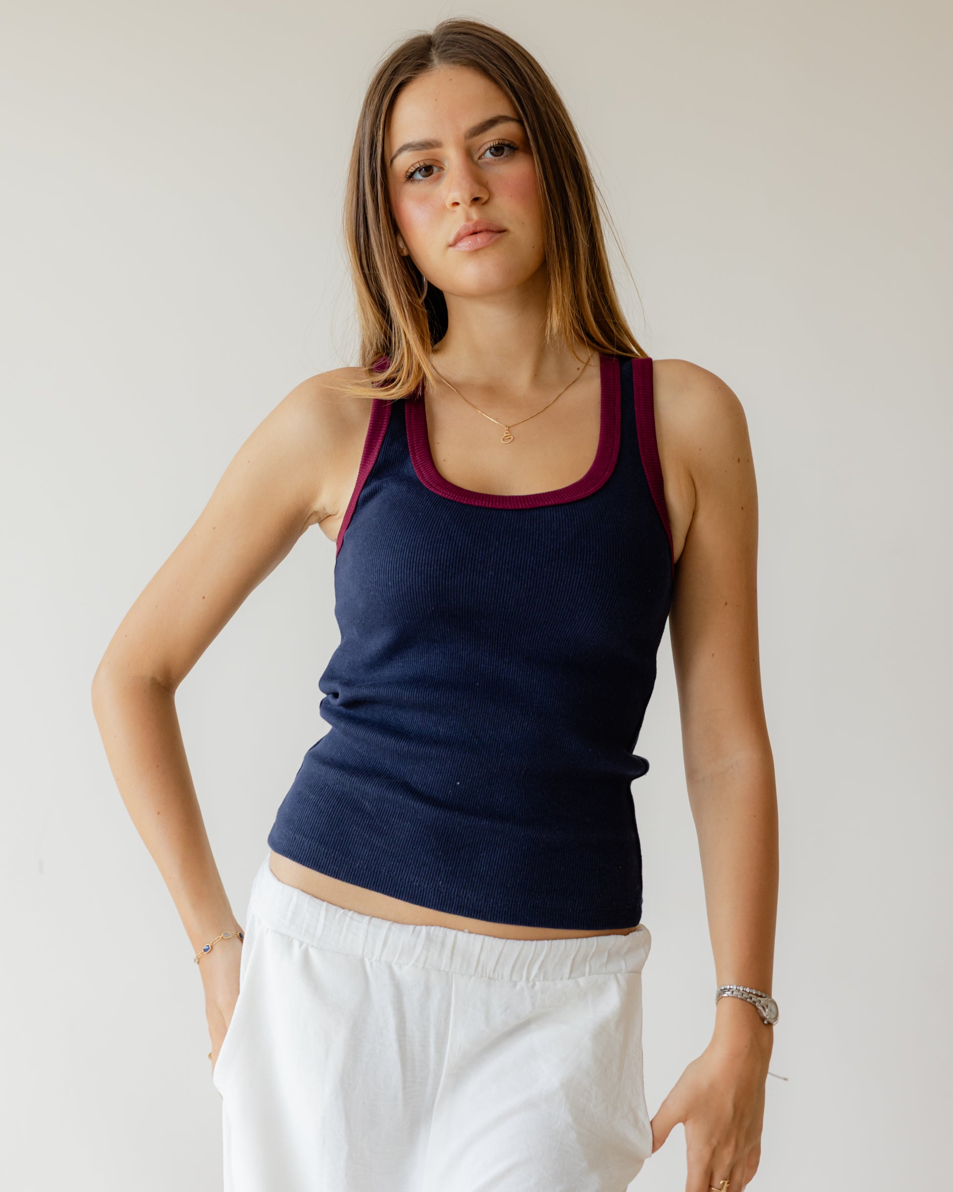 Navy Maroon Outline Tank Top